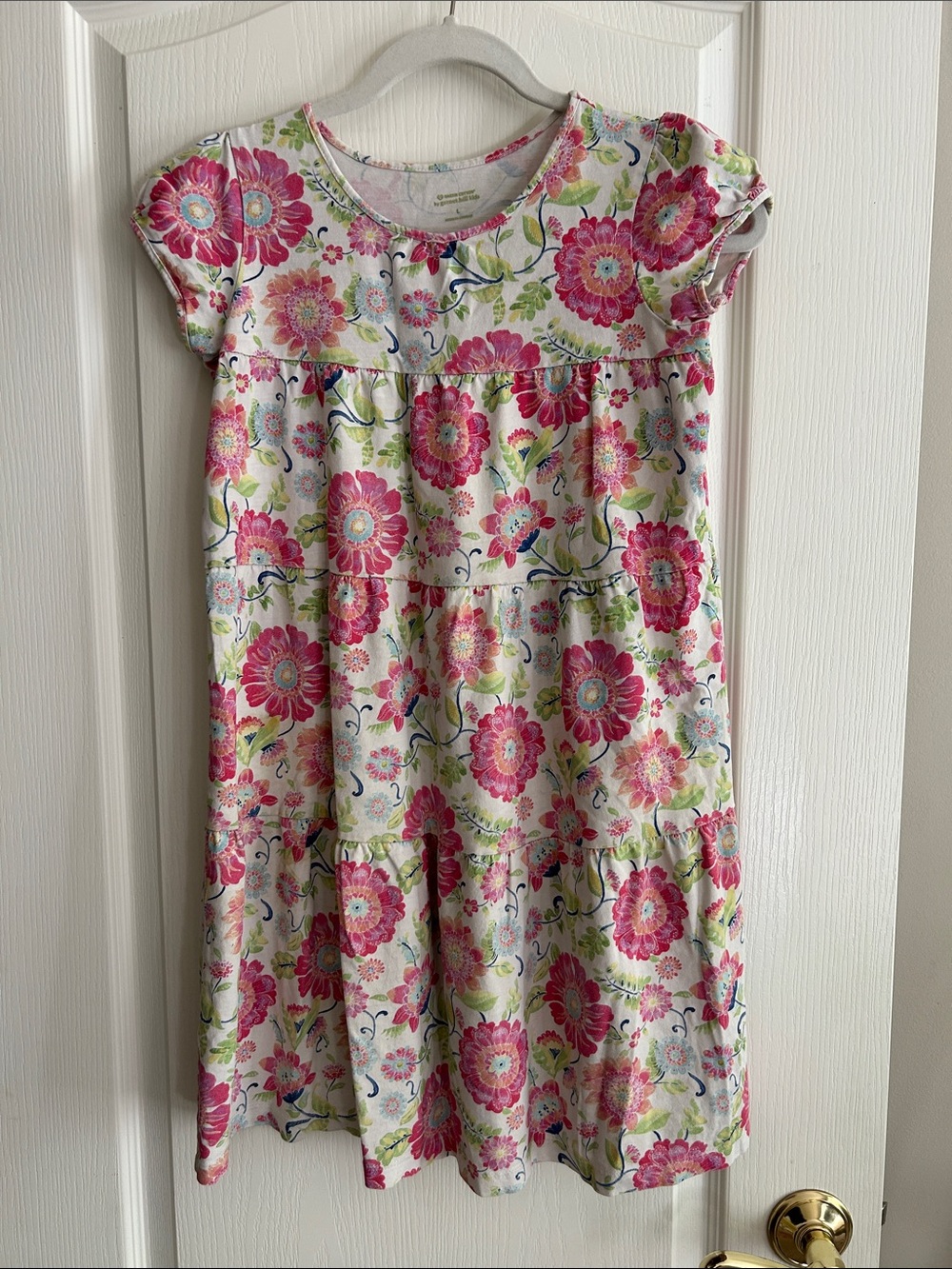 Garnet Hills Girls' Pink Floral Tiered Dress L Green Certified Cotton